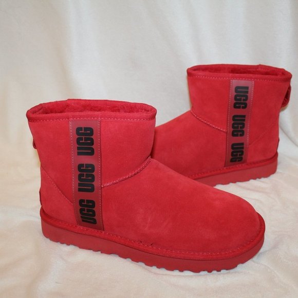 NIB UGG WOMEN'S LOGO MINI ANKLE SUEDE SHEARLING LINED BOOTS RED BLACK - Picture 2 of 8